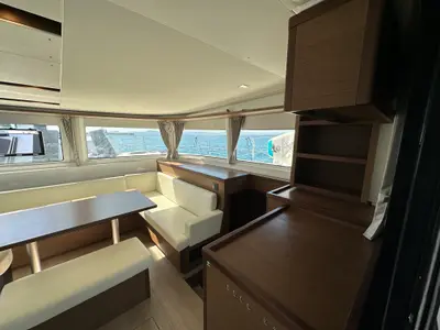 Salon of Sella III, a Lagoon 46 catamaran at Figari/Golfo Aranci, Italy