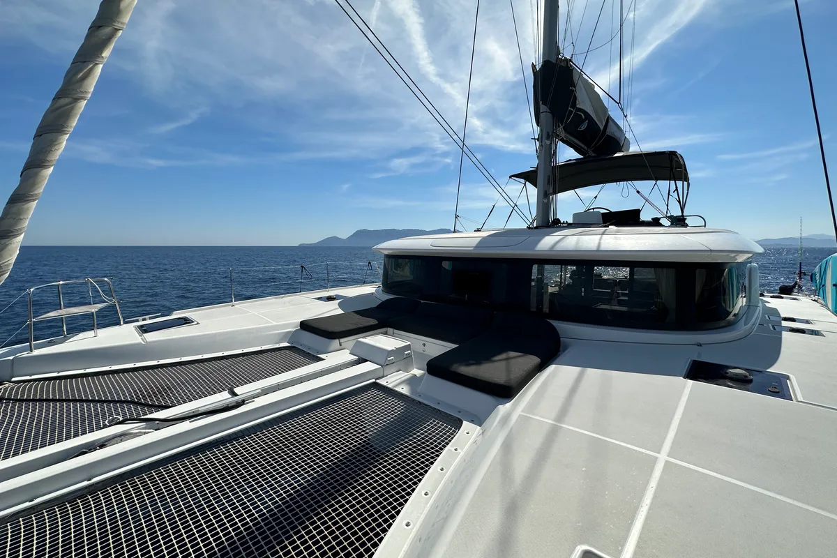 Exterior view of Sella III, a Lagoon 46 catamaran at Figari/Golfo Aranci, Italy