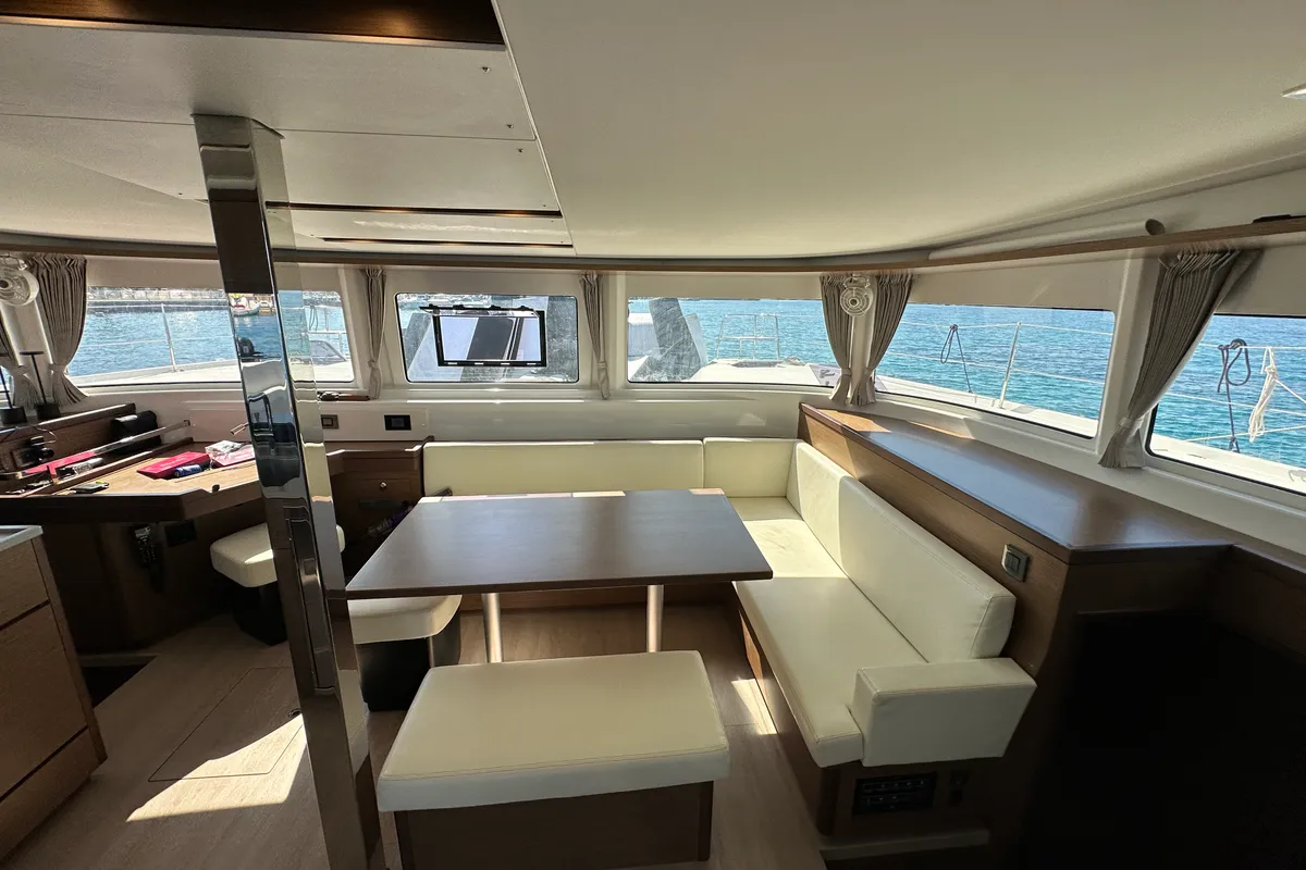 Salon of Sella III, a Lagoon 46 catamaran at Figari/Golfo Aranci, Italy