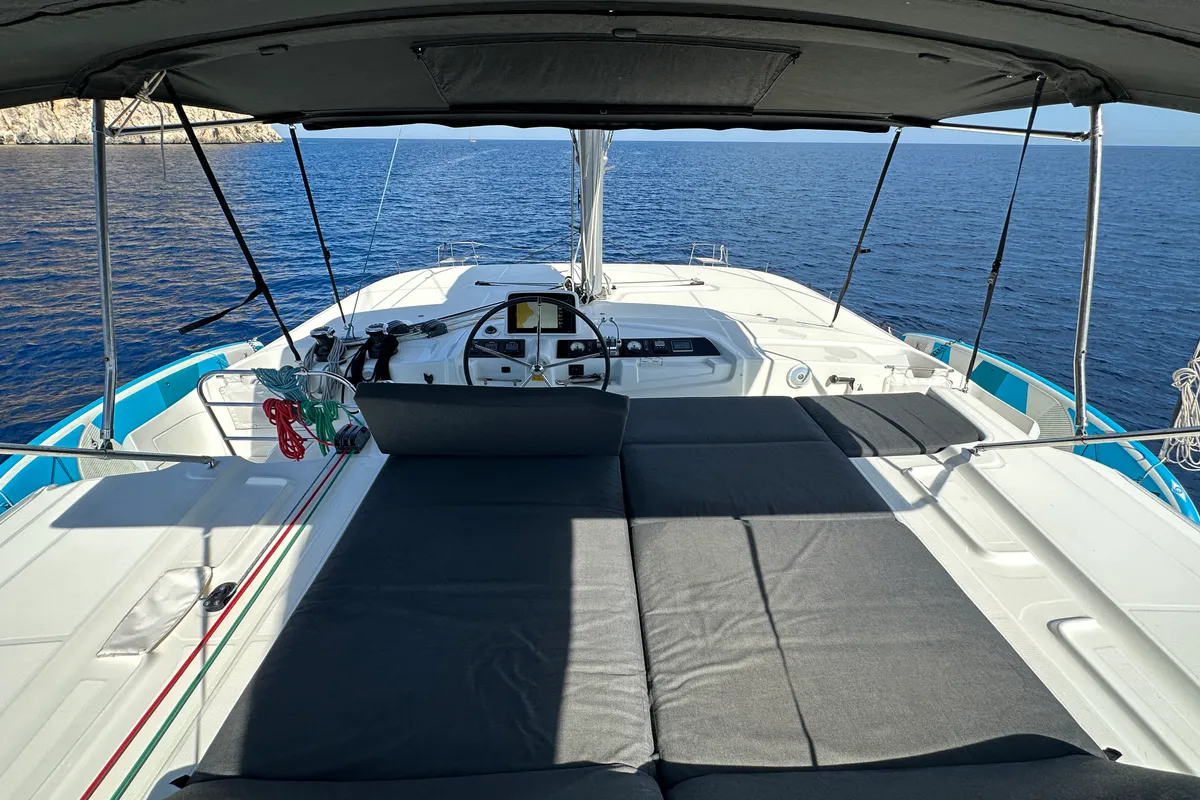 Cockpit of Sella III, a Lagoon 46 catamaran at Figari/Golfo Aranci, Italy