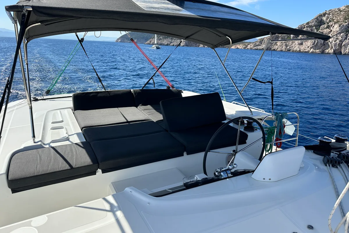 Cockpit of Sella III, a Lagoon 46 catamaran at Figari/Golfo Aranci, Italy