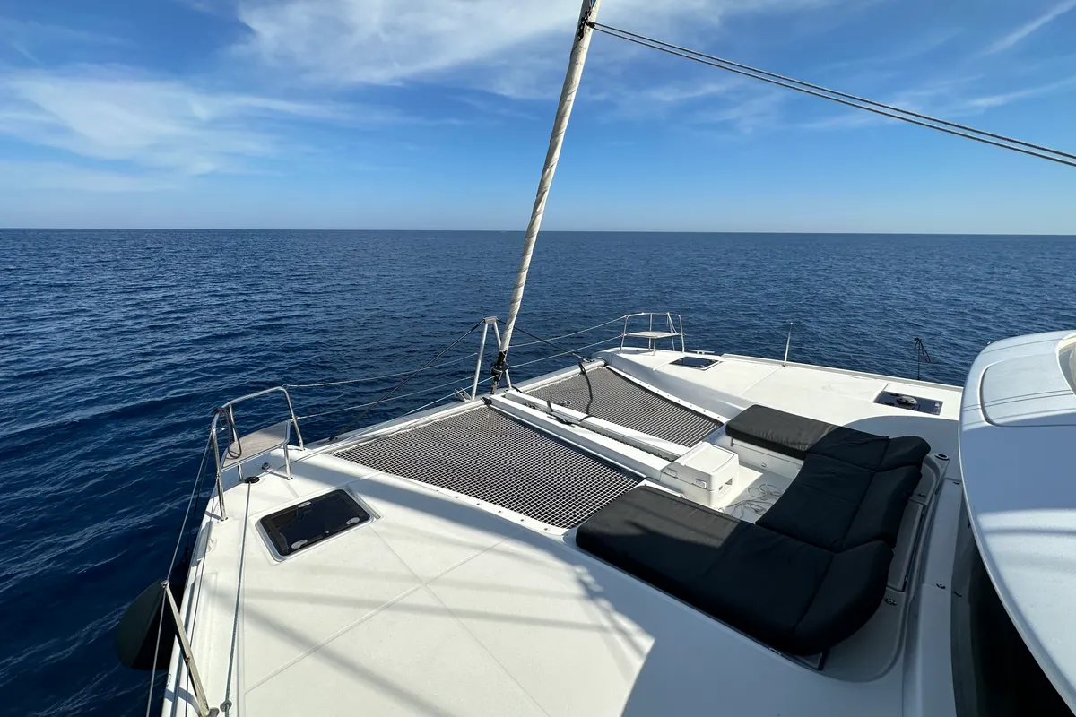 Deck of Sella III, a Lagoon 46 catamaran at Figari/Golfo Aranci, Italy