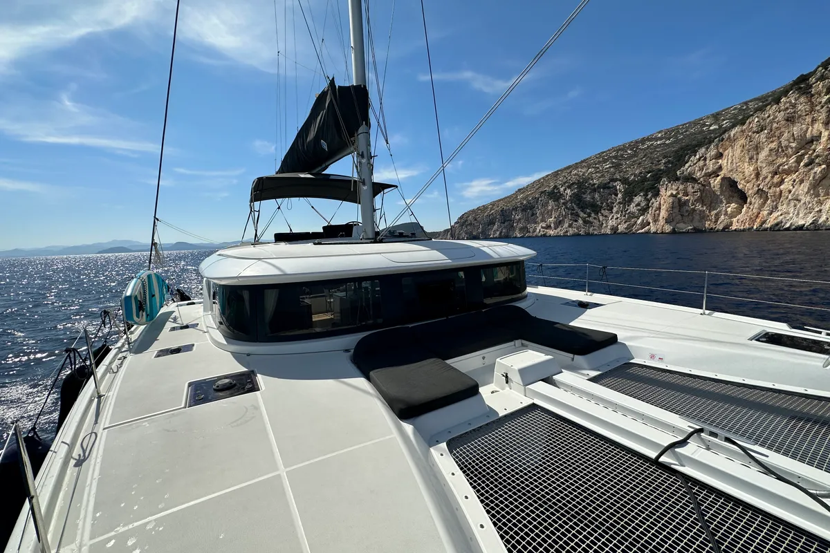 Deck of Sella III, a Lagoon 46 catamaran at Figari/Golfo Aranci, Italy