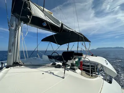Cockpit of Sella III, a Lagoon 46 catamaran at Figari/Golfo Aranci, Italy