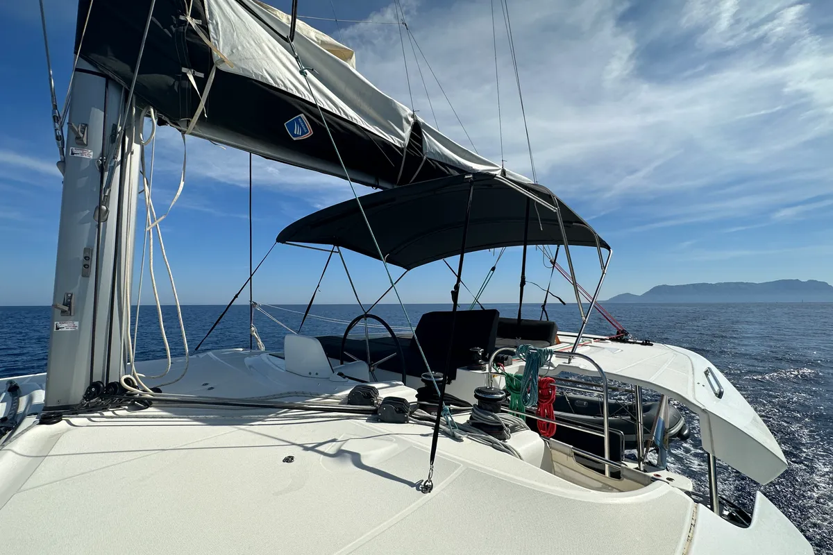 Cockpit of Sella III, a Lagoon 46 catamaran at Figari/Golfo Aranci, Italy