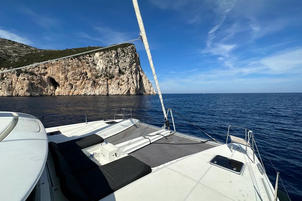 Exterior view of Sella III, a Lagoon 46 catamaran at Figari/Golfo Aranci, Italy