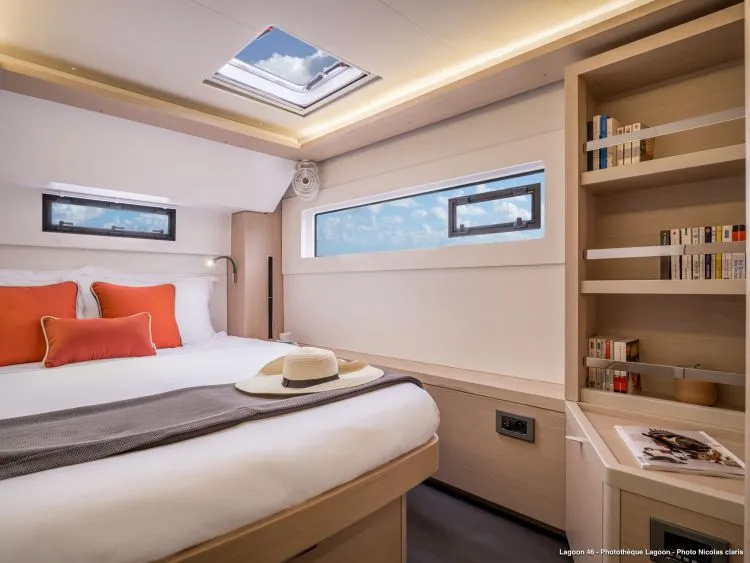 Cabin on Sella III, a Lagoon 46 catamaran at Figari/Golfo Aranci, Italy