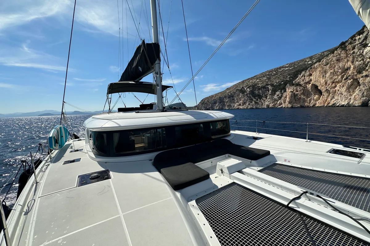 Exterior view of Sella III, a Lagoon 46 catamaran at Figari/Golfo Aranci, Italy