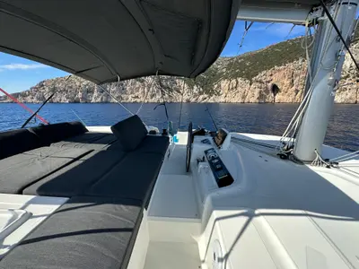 Deck of Sella III, a Lagoon 46 catamaran at Figari/Golfo Aranci, Italy