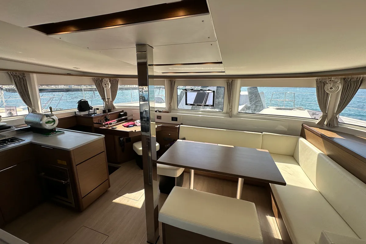 Salon of Sella III, a Lagoon 46 catamaran at Figari/Golfo Aranci, Italy