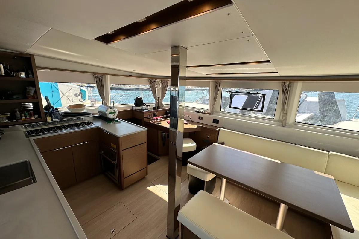 Salon of Sella III, a Lagoon 46 catamaran at Figari/Golfo Aranci, Italy