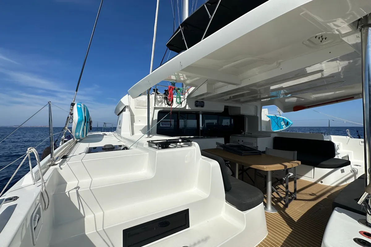 Exterior view of Sella III, a Lagoon 46 catamaran at Figari/Golfo Aranci, Italy