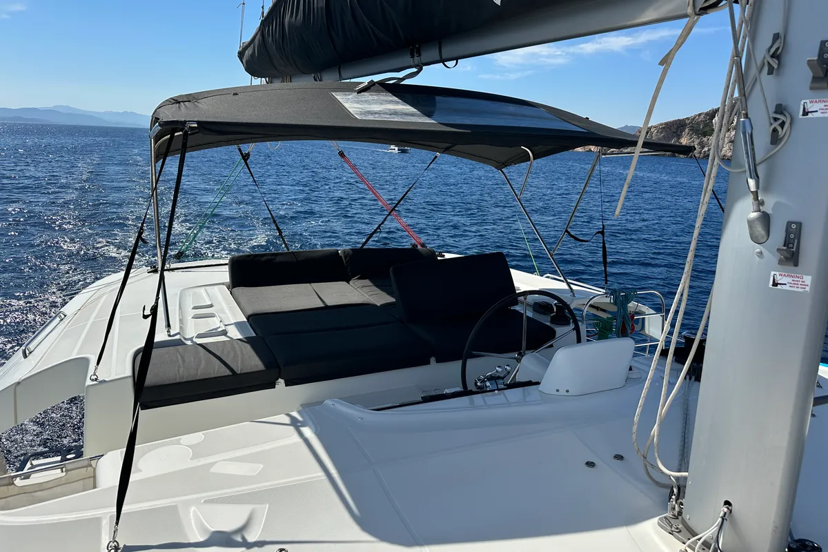 Cockpit of Sella III, a Lagoon 46 catamaran at Figari/Golfo Aranci, Italy