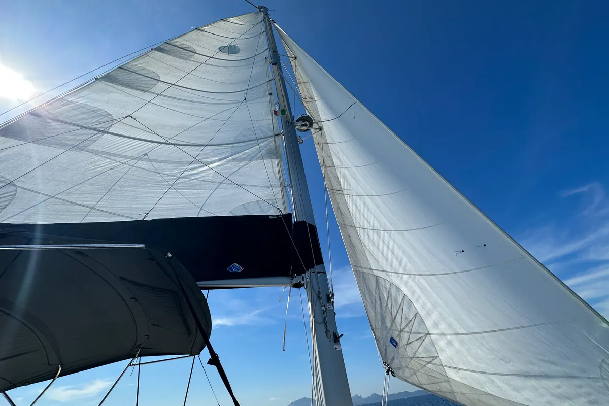 Exterior view of Sella III, a Lagoon 46 catamaran at Figari/Golfo Aranci, Italy
