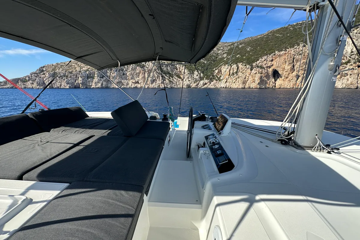 Cockpit of Sella III, a Lagoon 46 catamaran at Figari/Golfo Aranci, Italy