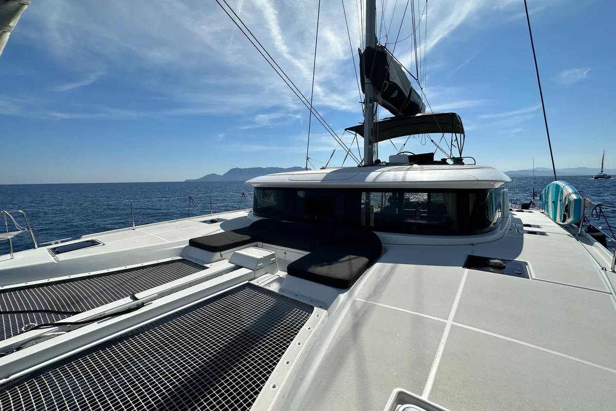 Deck of Sella III, a Lagoon 46 catamaran at Figari/Golfo Aranci, Italy