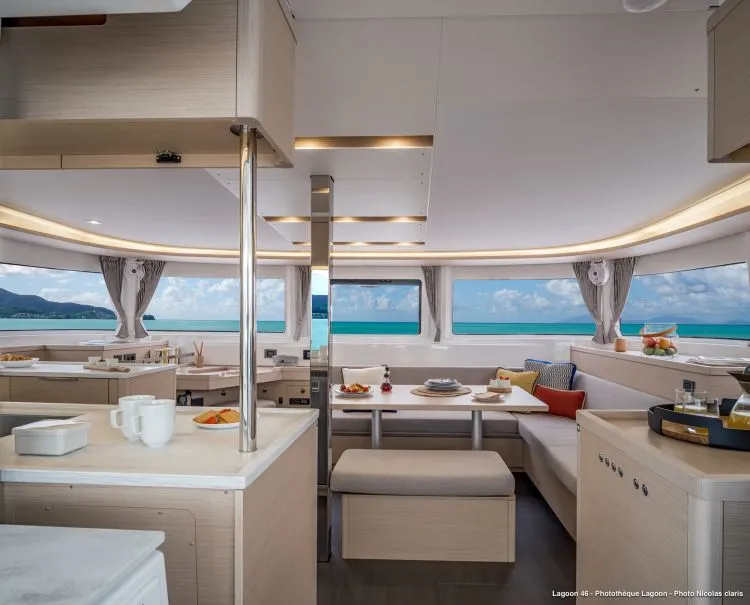 Salon of Sella III, a Lagoon 46 catamaran at Figari/Golfo Aranci, Italy