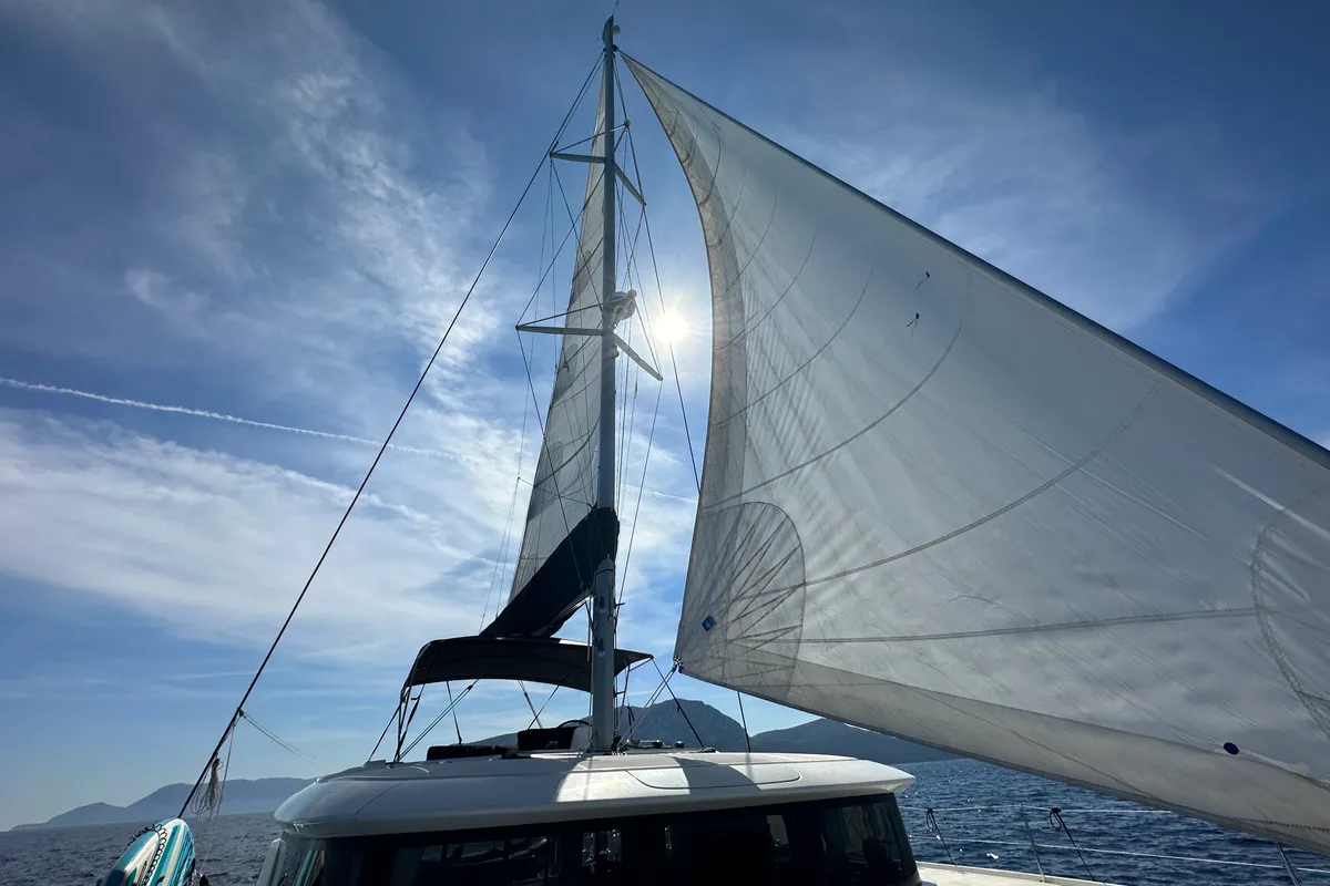 Exterior view of Sella III, a Lagoon 46 catamaran at Figari/Golfo Aranci, Italy