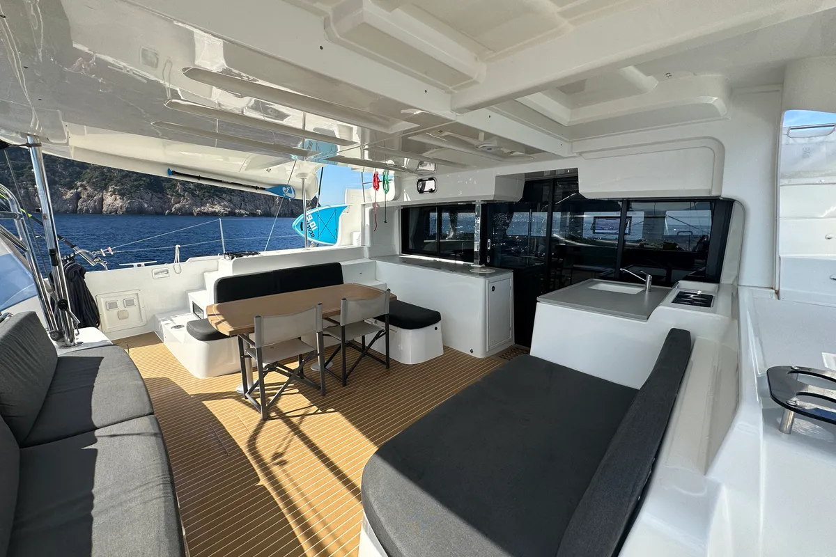 Deck of Sella III, a Lagoon 46 catamaran at Figari/Golfo Aranci, Italy