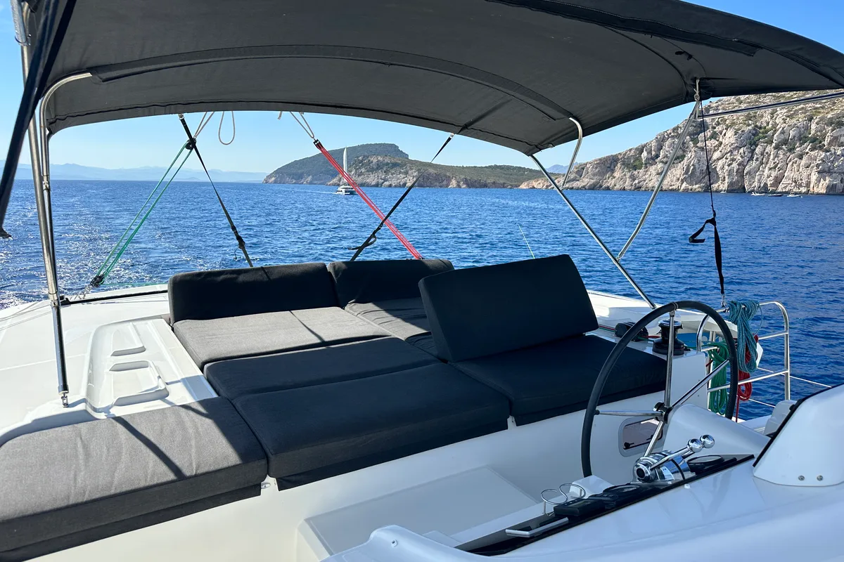 Cockpit of Sella III, a Lagoon 46 catamaran at Figari/Golfo Aranci, Italy