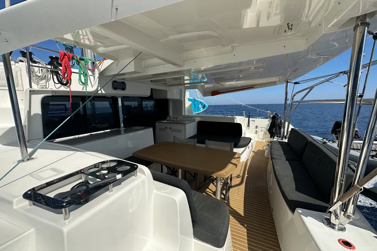 Deck of Sella III, a Lagoon 46 catamaran at Figari/Golfo Aranci, Italy