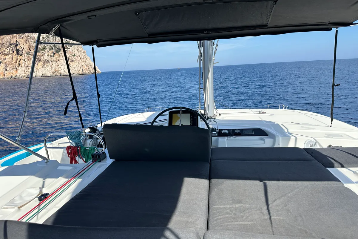 Cockpit of Sella III, a Lagoon 46 catamaran at Figari/Golfo Aranci, Italy