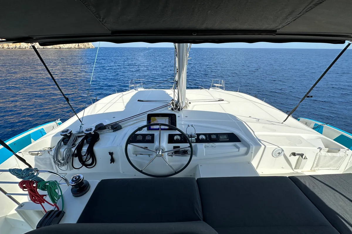 Cockpit of Sella III, a Lagoon 46 catamaran at Figari/Golfo Aranci, Italy