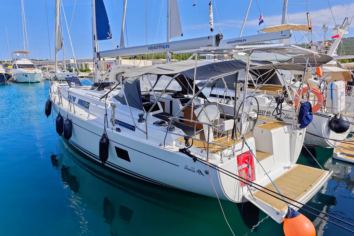 Exterior view of Aura II, a Hanse 458 sailboat at Sukošan, Croatia
