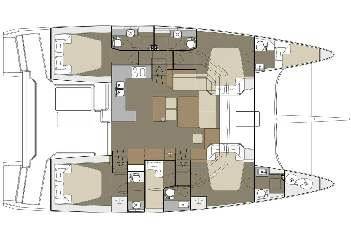 Floor plan of Paradise Planet, a Dufour Catamaran 48 catamaran at Marsala, Italy