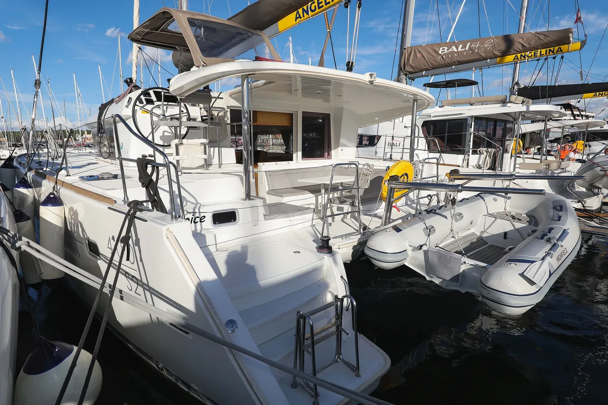 Exterior view of First Choice, a Lagoon 400 S2 catamaran at Grad Biograd na Moru, Croatia