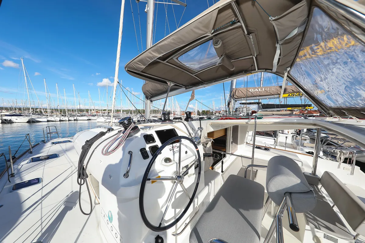 Cockpit of First Choice, a Lagoon 400 S2 catamaran at Grad Biograd na Moru, Croatia