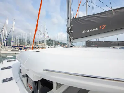 Deck of Kalevezi, a Excess 12 catamaran at Fethiye, Turkey