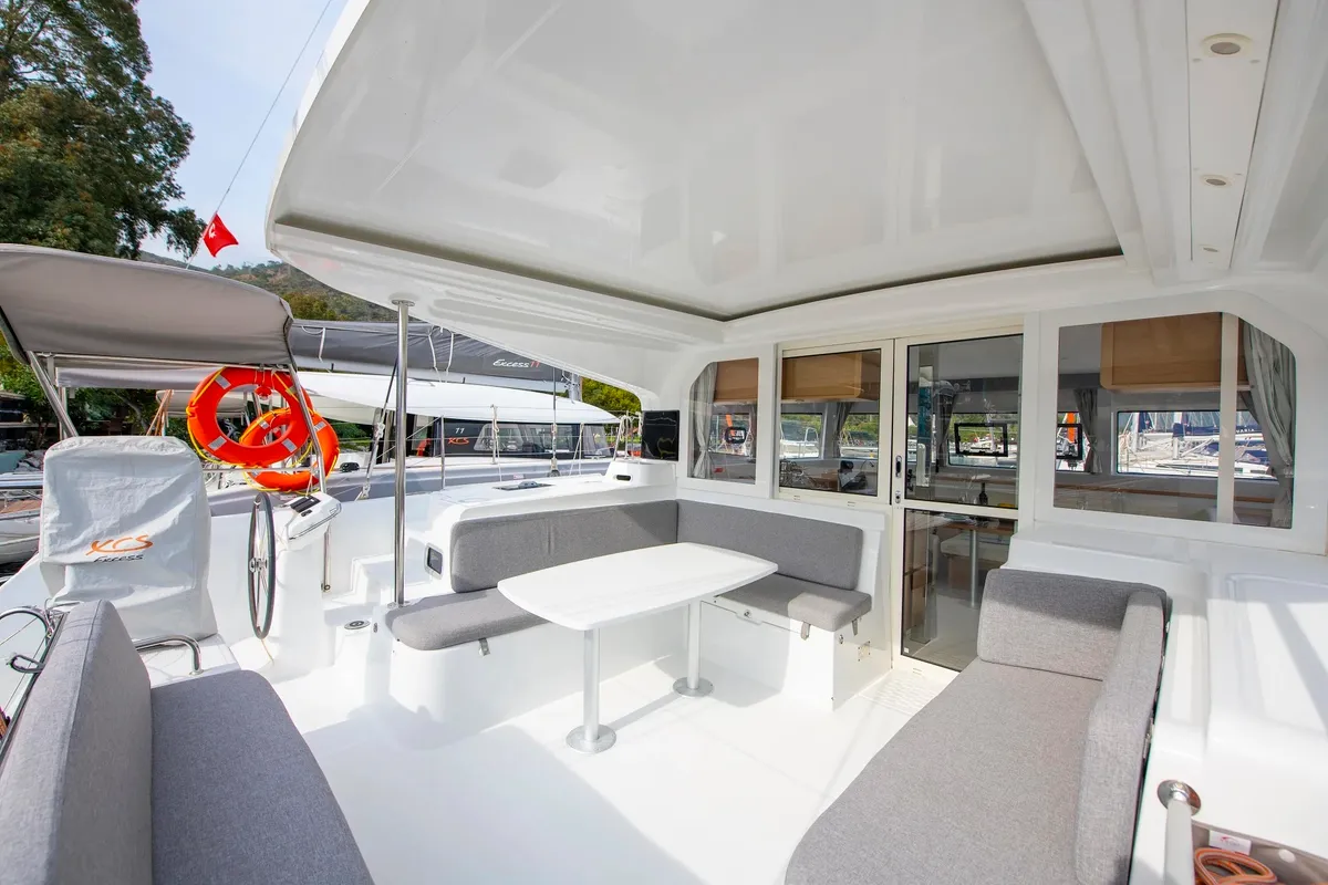 Deck of Kalevezi, a Excess 12 catamaran at Fethiye, Turkey