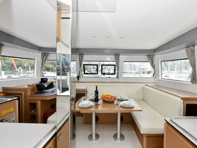 Salon of Kalevezi, a Excess 12 catamaran at Fethiye, Turkey