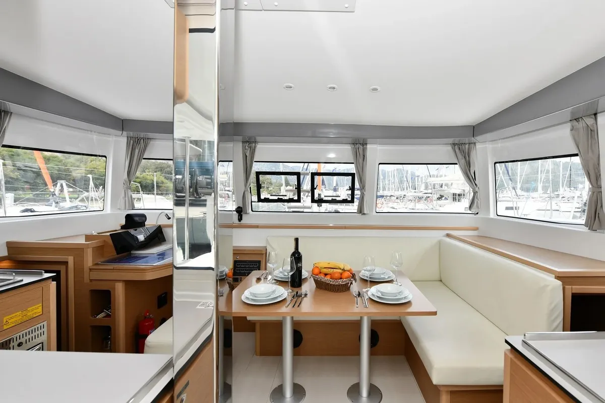 Salon of Kalevezi, a Excess 12 catamaran at Fethiye, Turkey