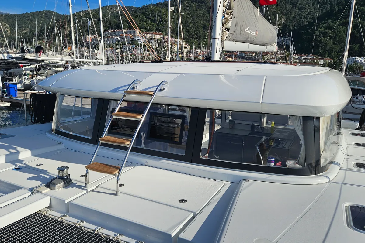 Deck of Kalevezi, a Excess 12 catamaran at Fethiye, Turkey