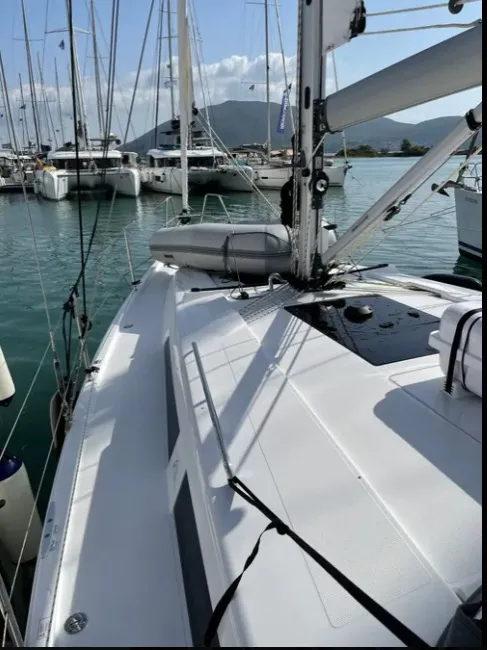 Deck of Medusa III, a Hanse 388 sailboat at Municipal Unit of Lefkada, Greece