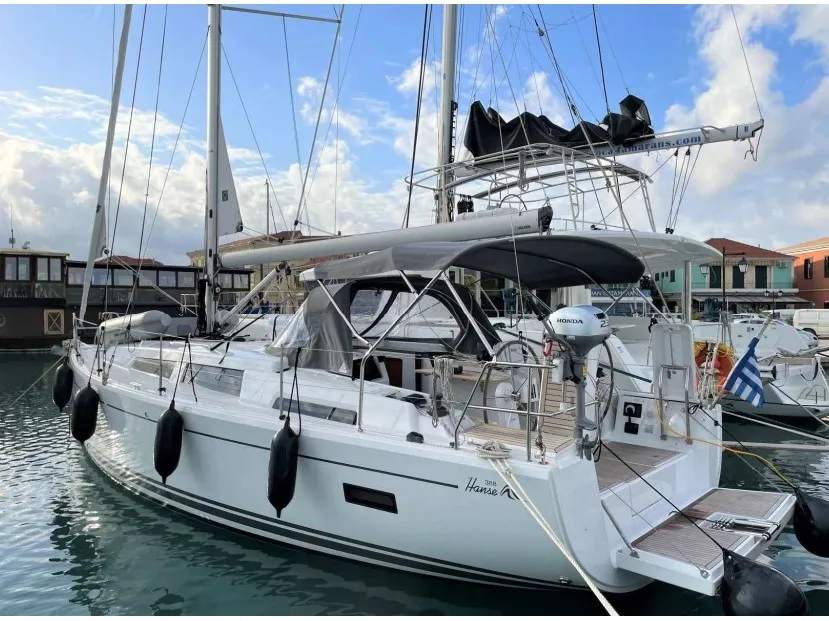 Exterior view of Medusa III, a Hanse 388 sailboat at Municipal Unit of Lefkada, Greece