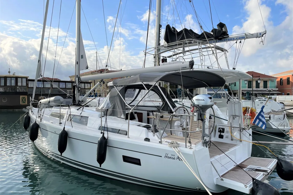 Exterior view of Medusa III, a Hanse 388 sailboat at Municipal Unit of Lefkada, Greece