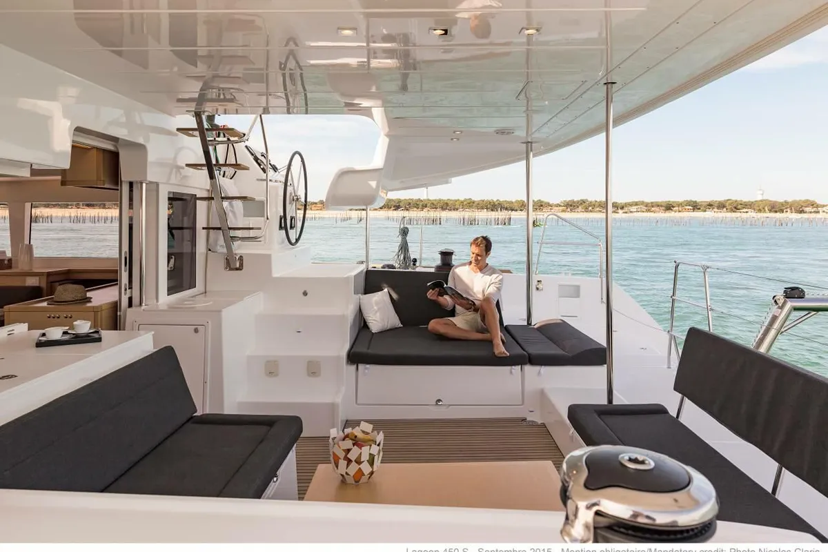Deck of Blue Diamond, a Lagoon 450 S catamaran at Pianottoli-Caldarello, France