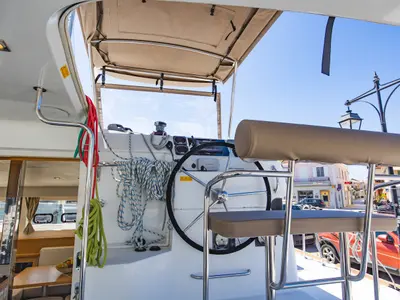 Cockpit of Deep Blue, a Lagoon 39 catamaran at Municipal Unit of Lefkada, Greece