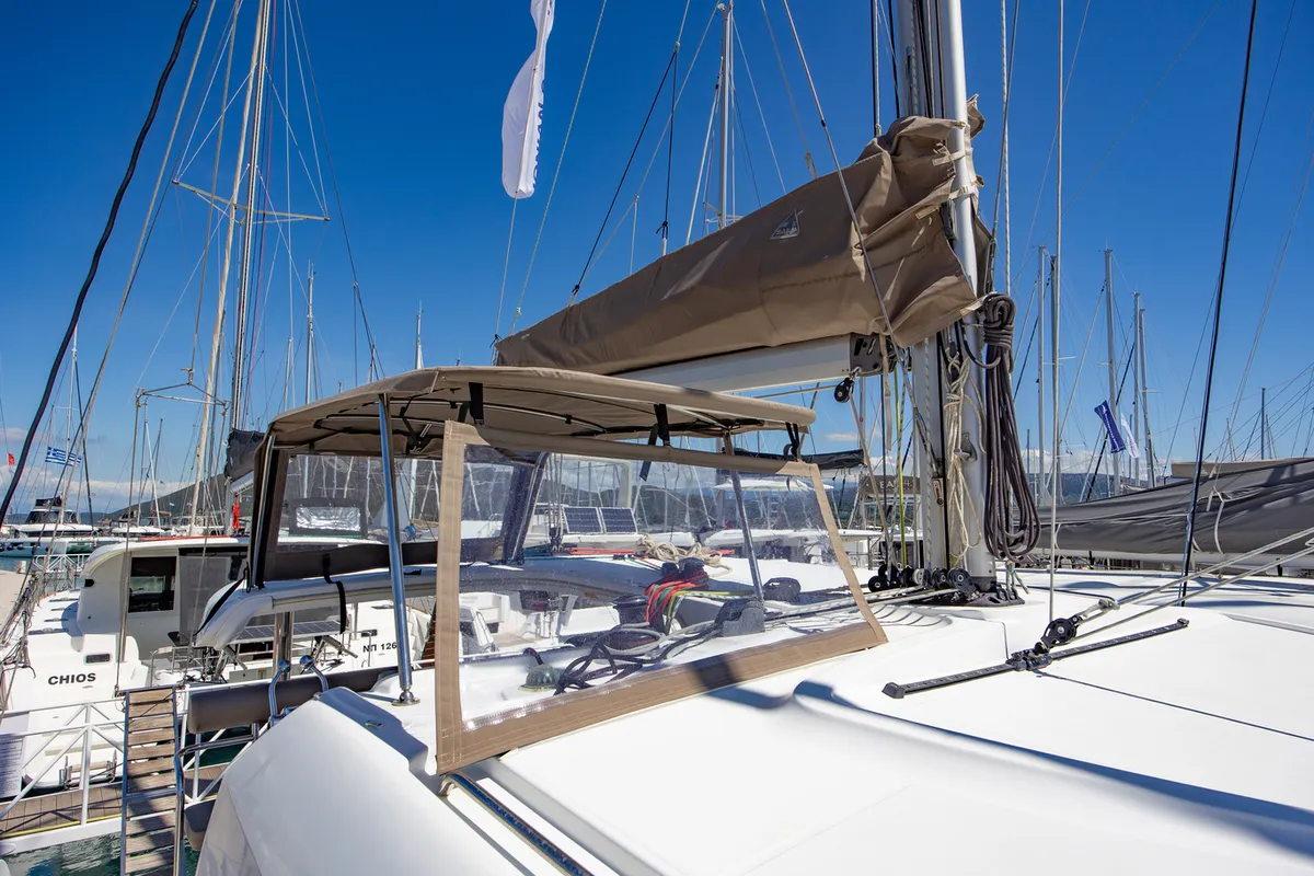 Deck of Deep Blue, a Lagoon 39 catamaran at Municipal Unit of Lefkada, Greece