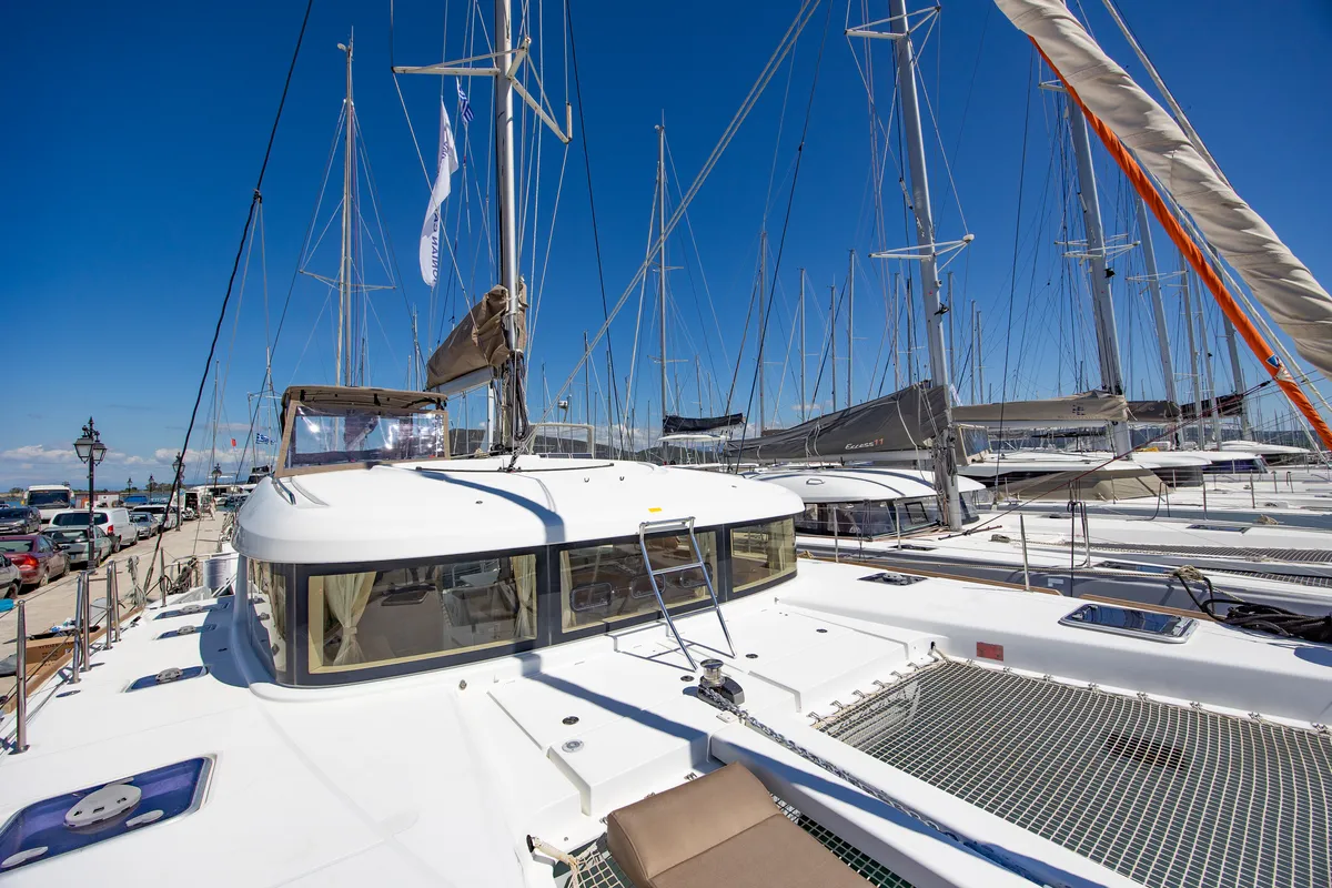 Deck of Deep Blue, a Lagoon 39 catamaran at Municipal Unit of Lefkada, Greece