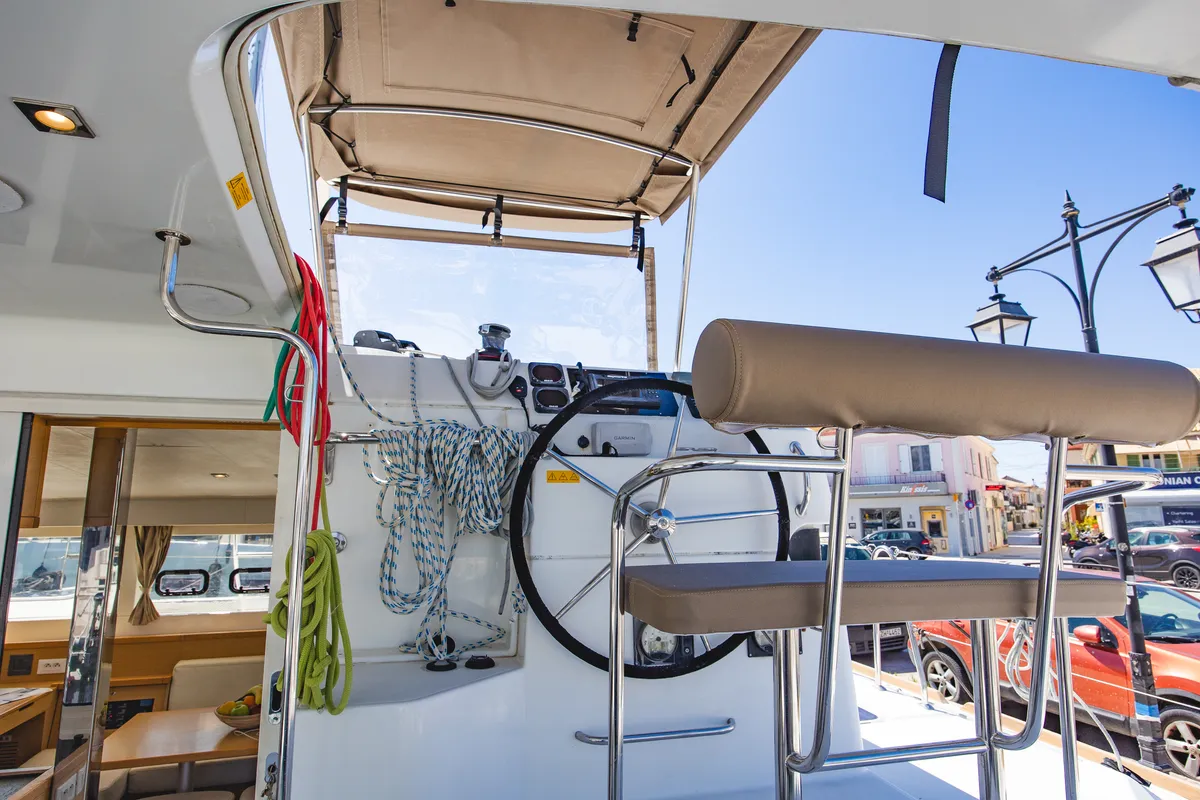 Cockpit of Deep Blue, a Lagoon 39 catamaran at Municipal Unit of Lefkada, Greece