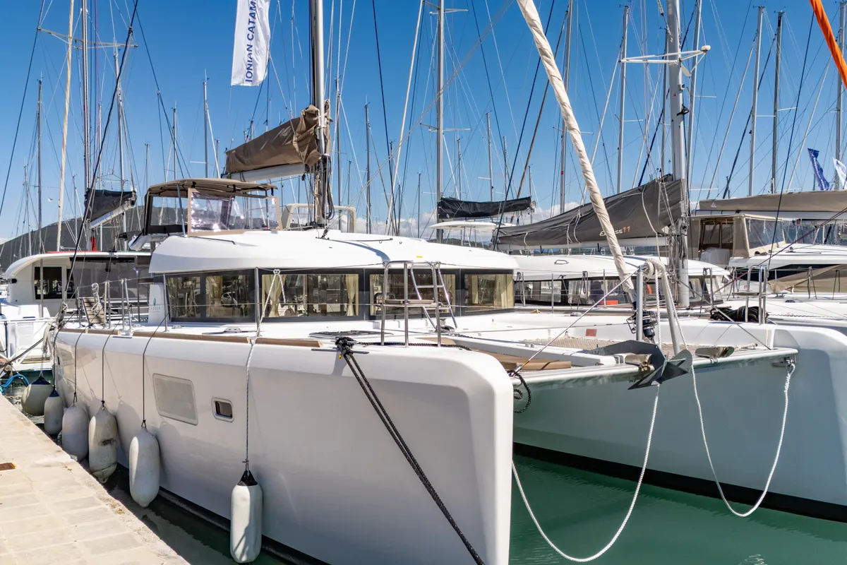 Exterior view of Deep Blue, a Lagoon 39 catamaran at Municipal Unit of Lefkada, Greece