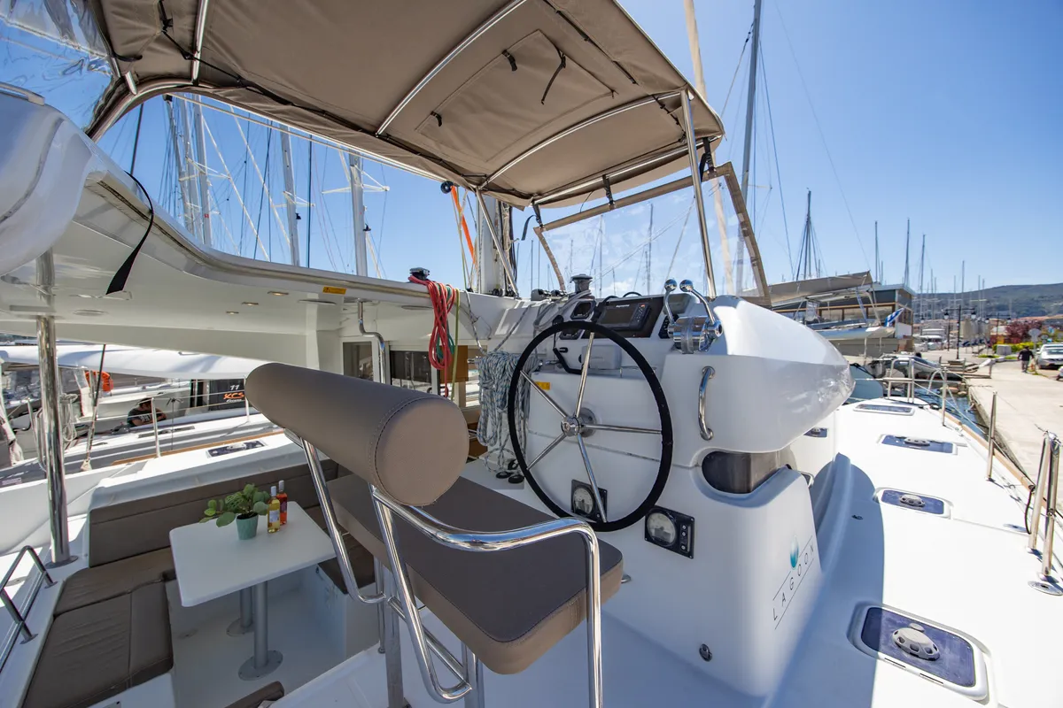 Cockpit of Deep Blue, a Lagoon 39 catamaran at Municipal Unit of Lefkada, Greece