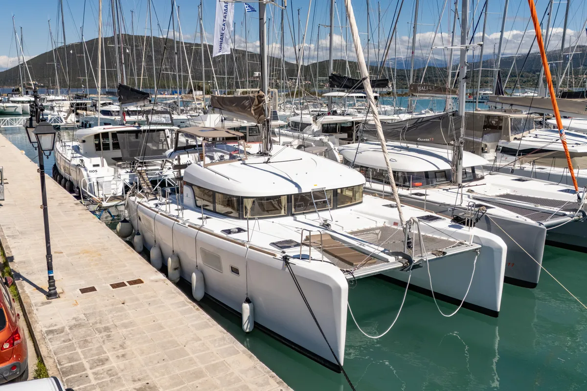 Exterior view of Deep Blue, a Lagoon 39 catamaran at Municipal Unit of Lefkada, Greece