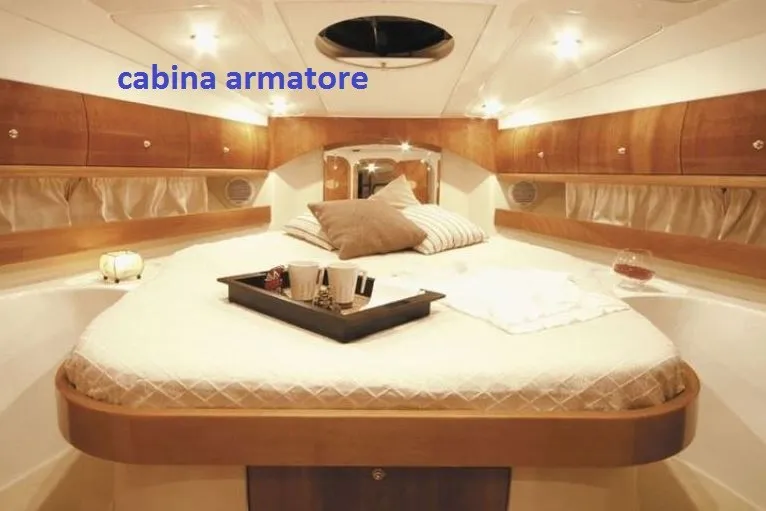 Cabin on Notorius, a Mira 40 motorboat at Olbia, Italy