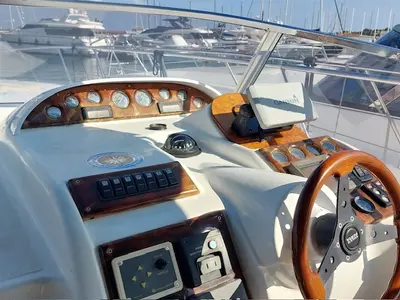 Cockpit of Notorius, a Mira 40 motorboat at Olbia, Italy