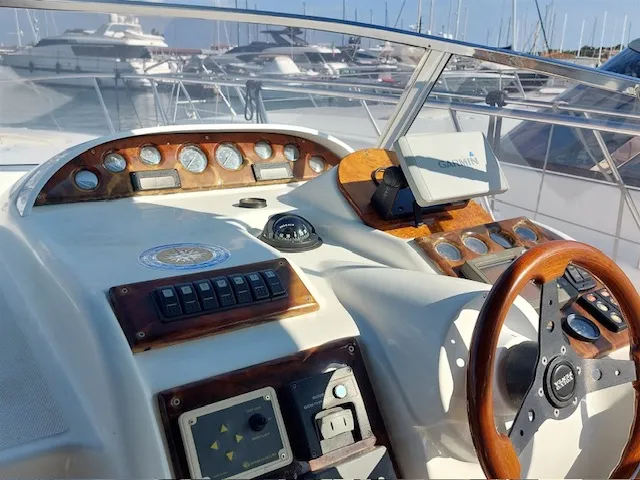 Cockpit of Notorius, a Mira 40 motorboat at Olbia, Italy